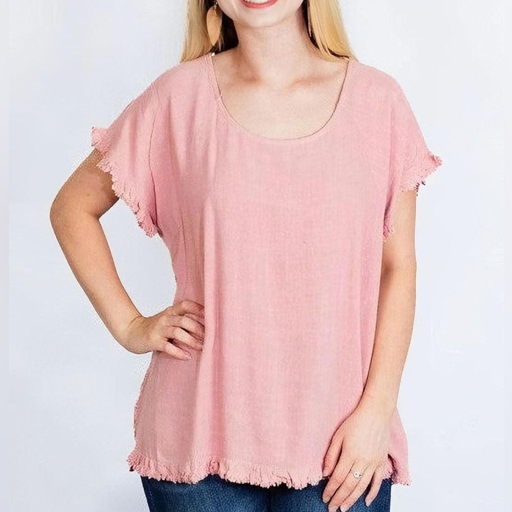 Umgee Linen Blend Tunic Top with Lace Back in Rose EUC Size L